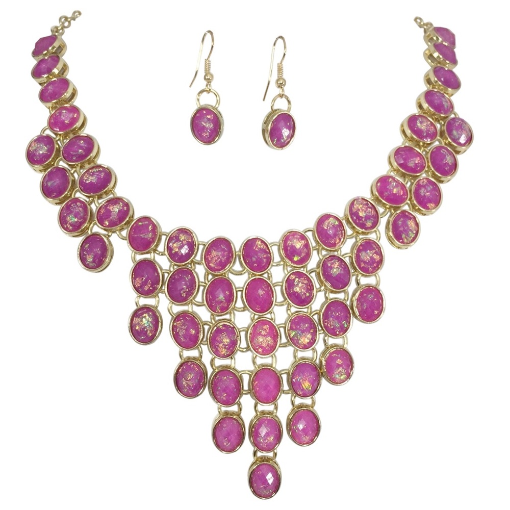 Purple Iridescent Foil Bib Necklace Earrings Set